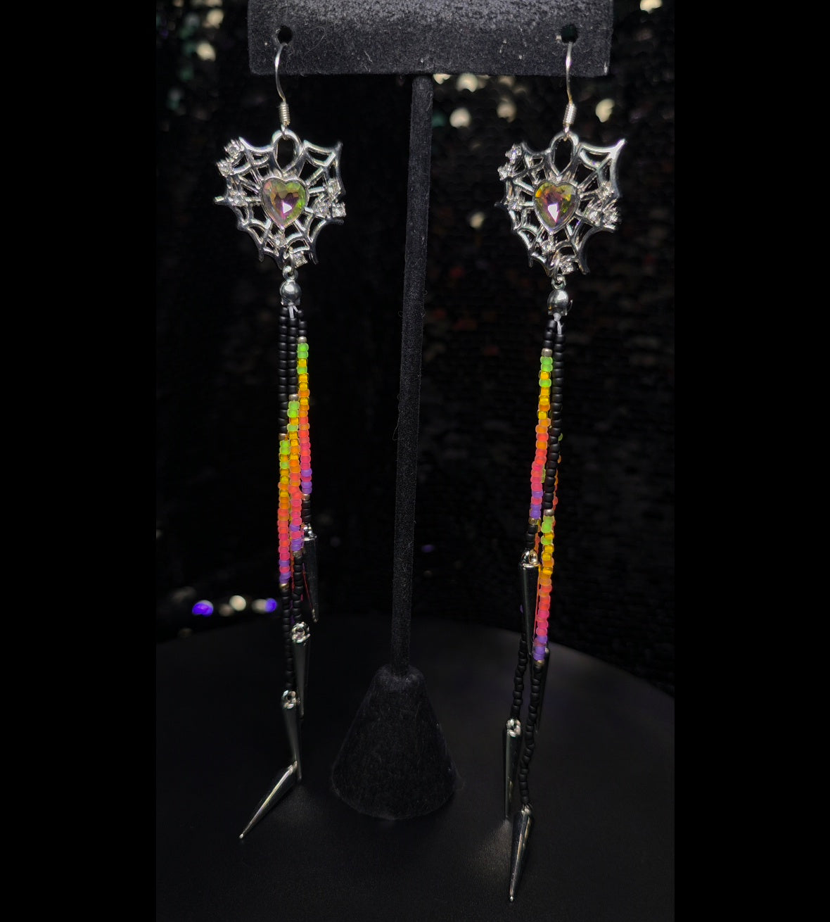 Matte Black Neon Sunset Rainbow Silver Spiderweb Heart