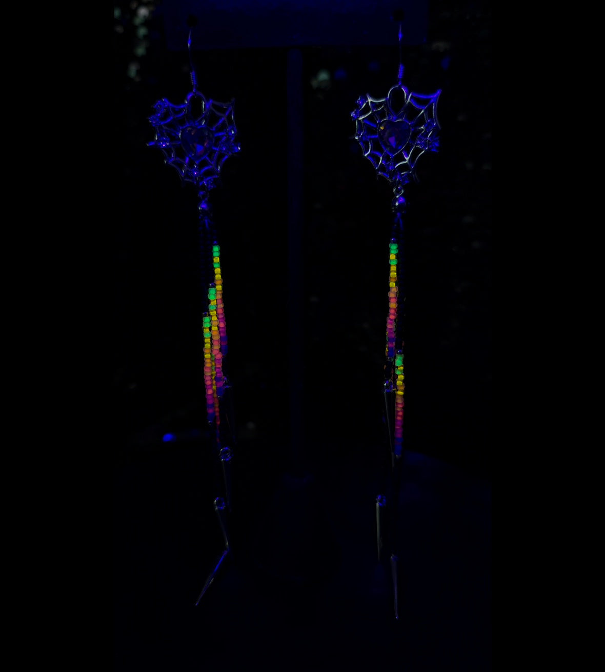Matte Black Neon Sunset Rainbow Silver Spiderweb Heart